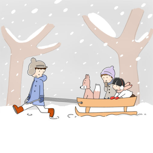雪の中ソリを引く子どものイラスト