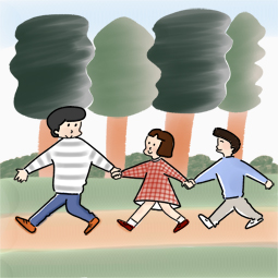 手をつないで歩く３人の子どものイラスト