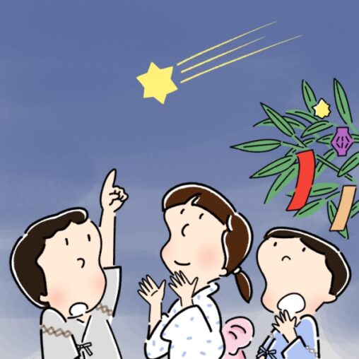 流れ星を指さしながら願い事をする3人の浴衣姿の子ども