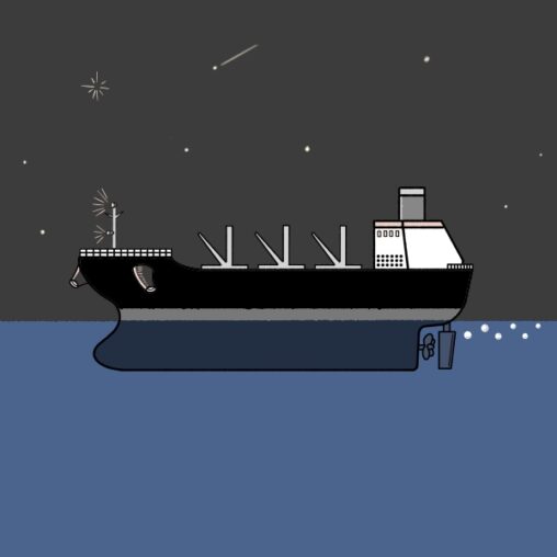真夜中の海に浮かぶ貨物船のイラスト